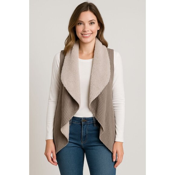 Favlux Sherpa Vest Women's Small Gray Taupe Textured Fleece Waterfall Faux Fur - Picture 1 of 9
